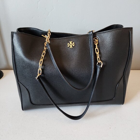 Tory Burch Black Leather Tote with Gold Chain - Picture 11 of 16
